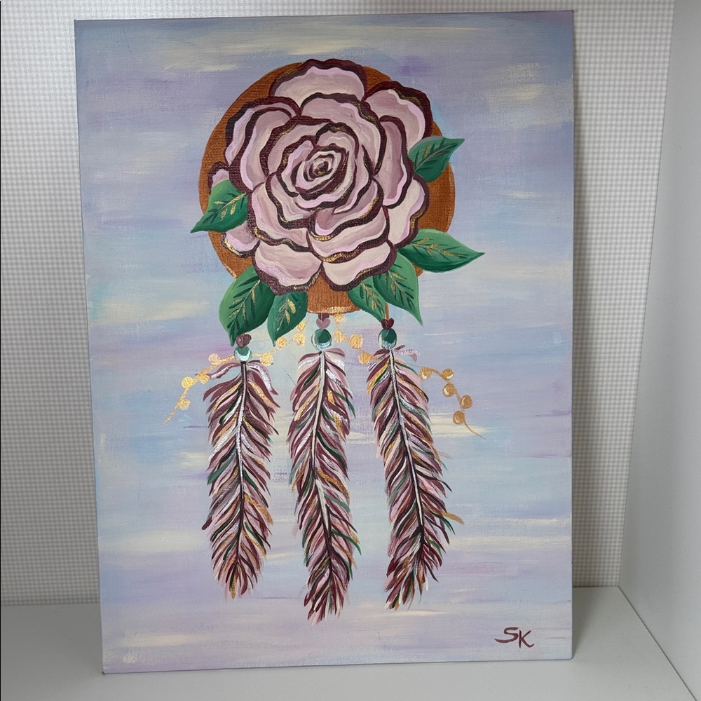 Elegant Floral Dreamcatcher Canvas Art, Handmade
